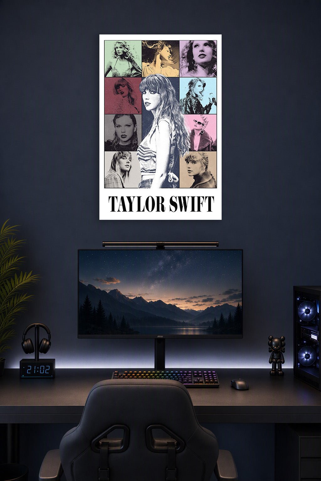 Taylor Swift Eras Pop Art in a gaming desk setup above a monitor.