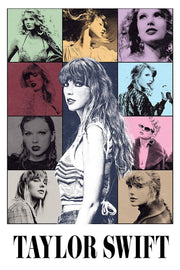 Taylor Swift poster with a central monochrome portrait surrounded by nine colorful era-style photo panels and bold name text.