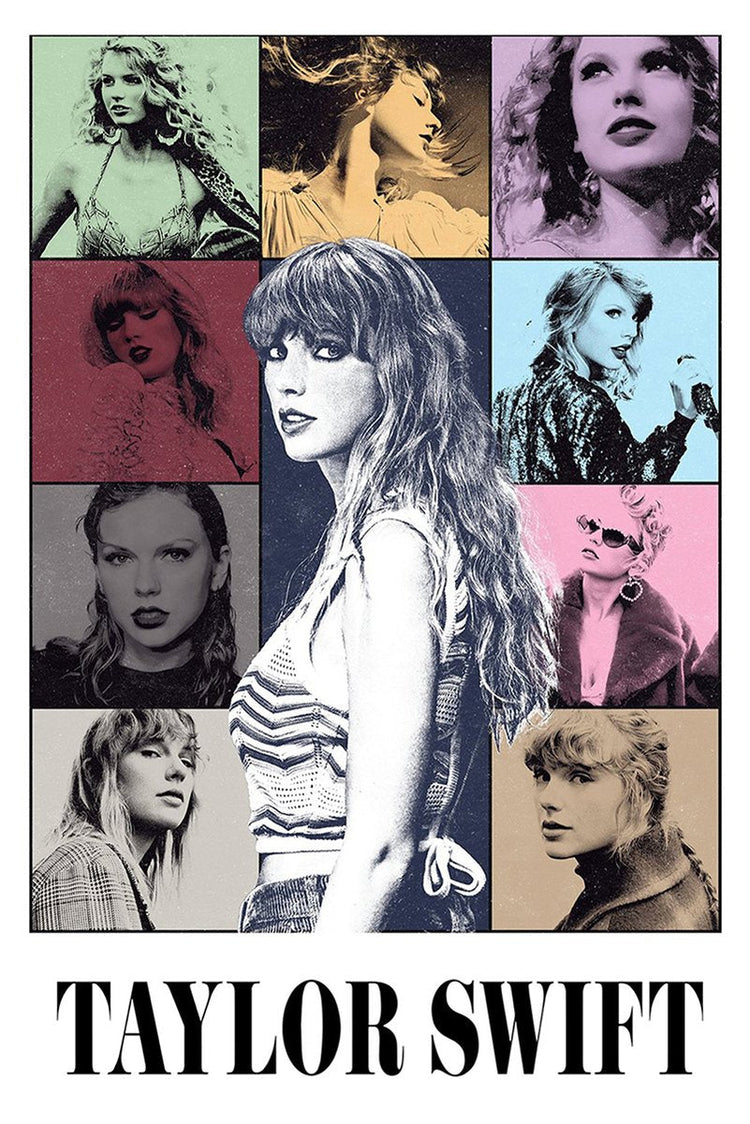Taylor Swift poster with a central monochrome portrait surrounded by nine colorful era-style photo panels and bold name text.