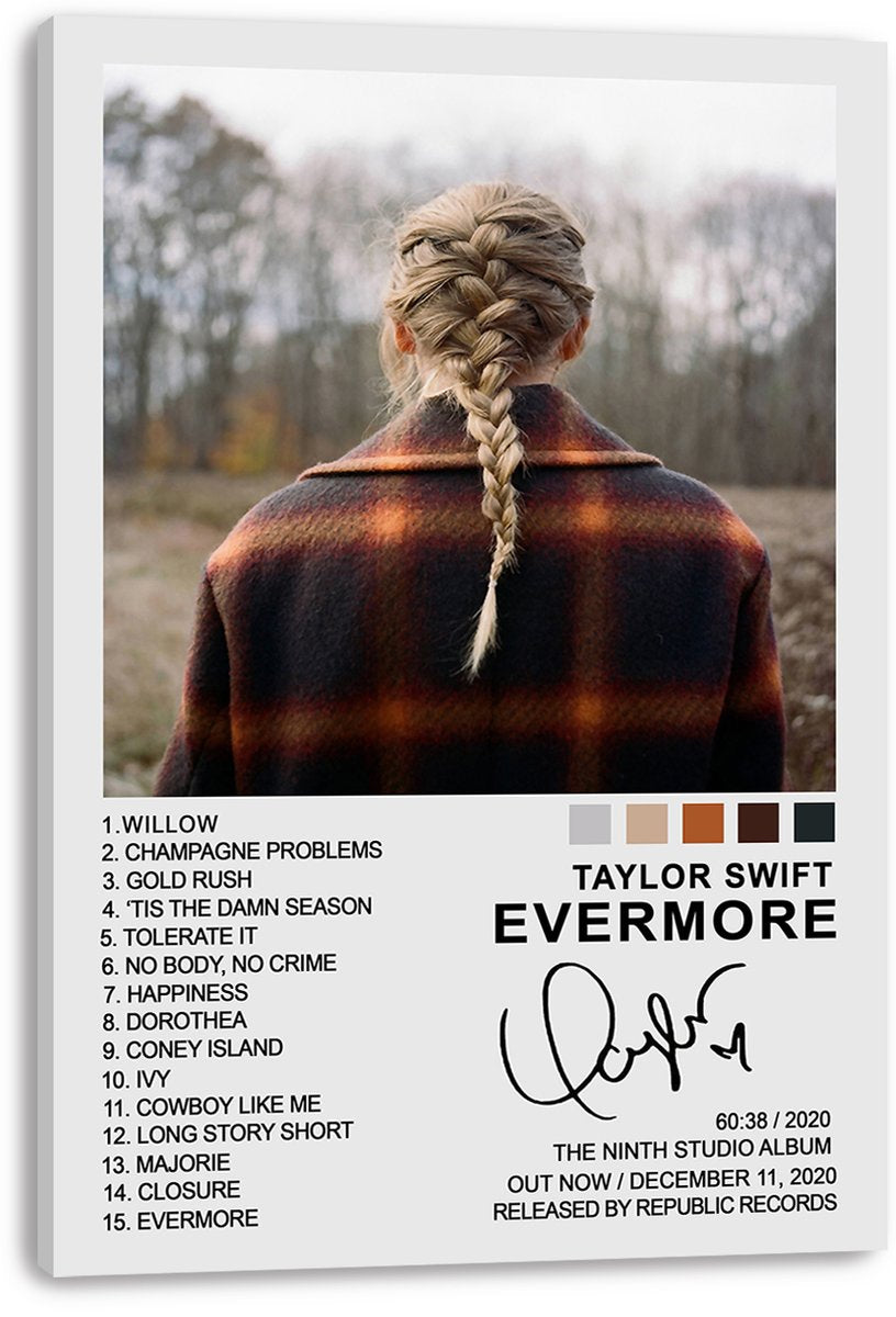 Taylor Swift Evermore wall art print on stretched canvas, with a braided woman in a dark orange plaid coat and album track list.