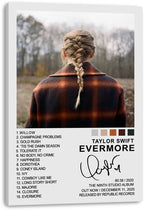 Taylor Swift Evermore wall art print on stretched canvas, with a braided woman in a dark orange plaid coat and album track list.