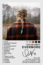 Taylor Swift Evermore poster featuring a rear portrait with a blonde braid and plaid coat in a muted woodland, track list below.