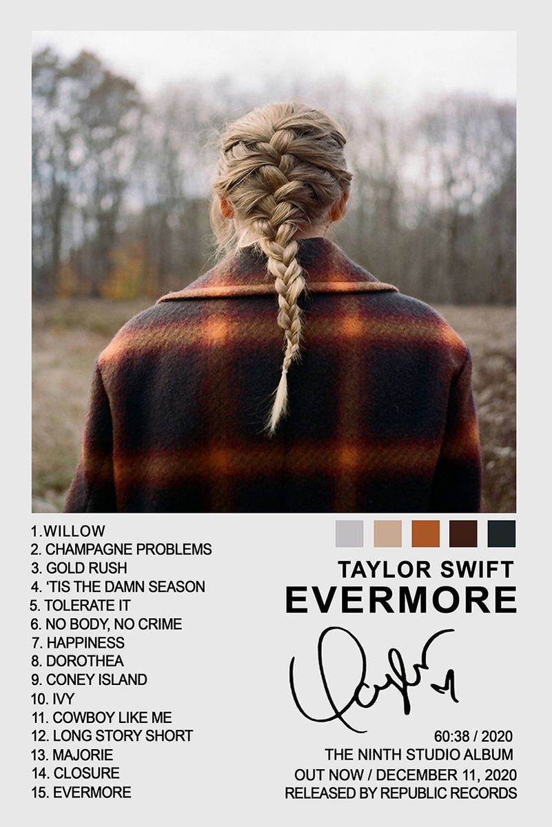Taylor Swift Evermore poster featuring a rear portrait with a blonde braid and plaid coat in a muted woodland, track list below.