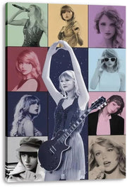 Taylor Swift canvas wall art print featuring a central stage pose with guitar, bordered by colorful era-style portraits.