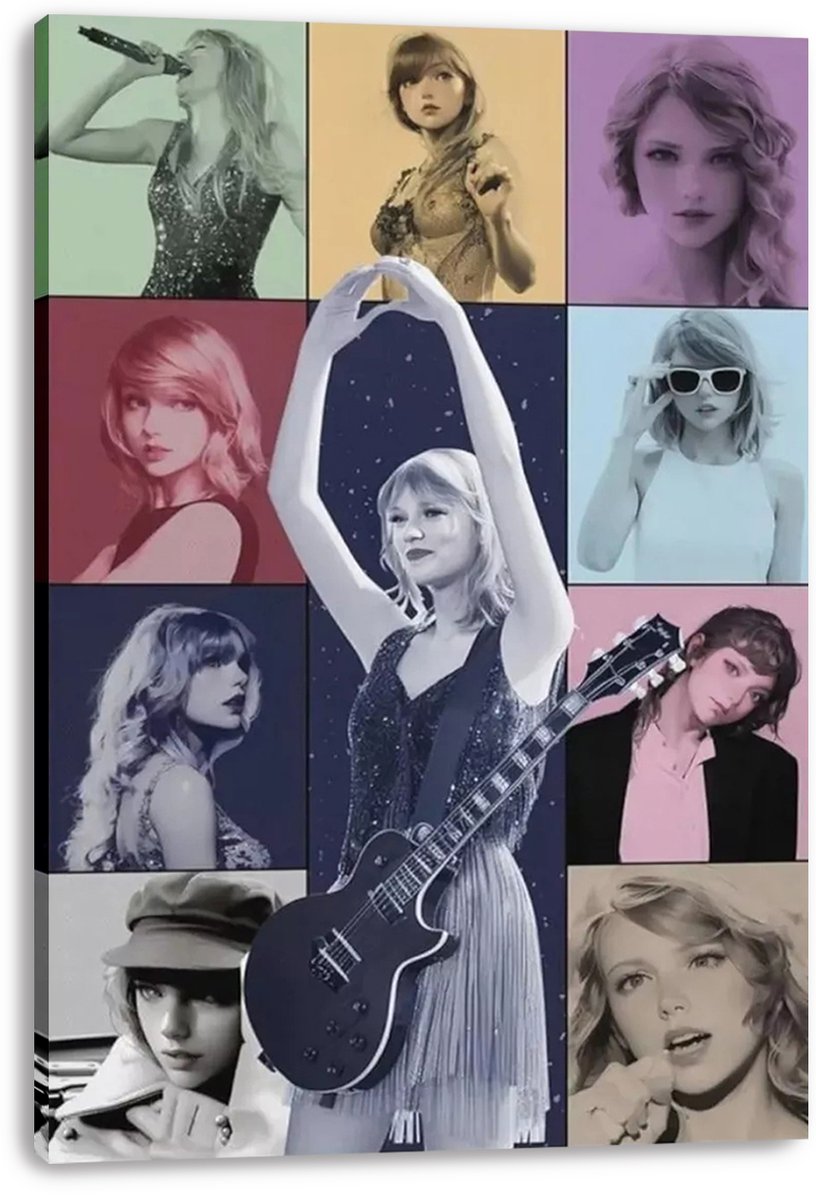 Taylor Swift canvas wall art print featuring a central stage pose with guitar, bordered by colorful era-style portraits.