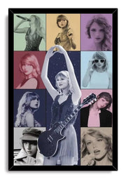 Taylor Swift framed wall art print with a black border, central guitar performance, and nine pastel portrait panels.