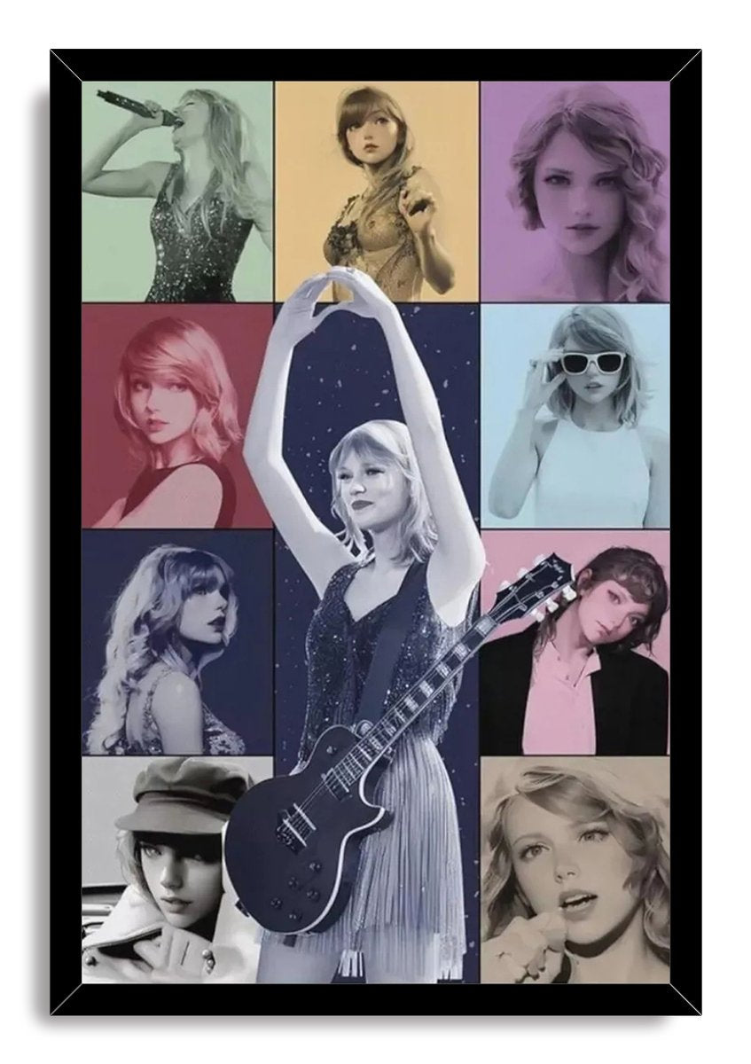 Taylor Swift framed wall art print with a black border, central guitar performance, and nine pastel portrait panels.