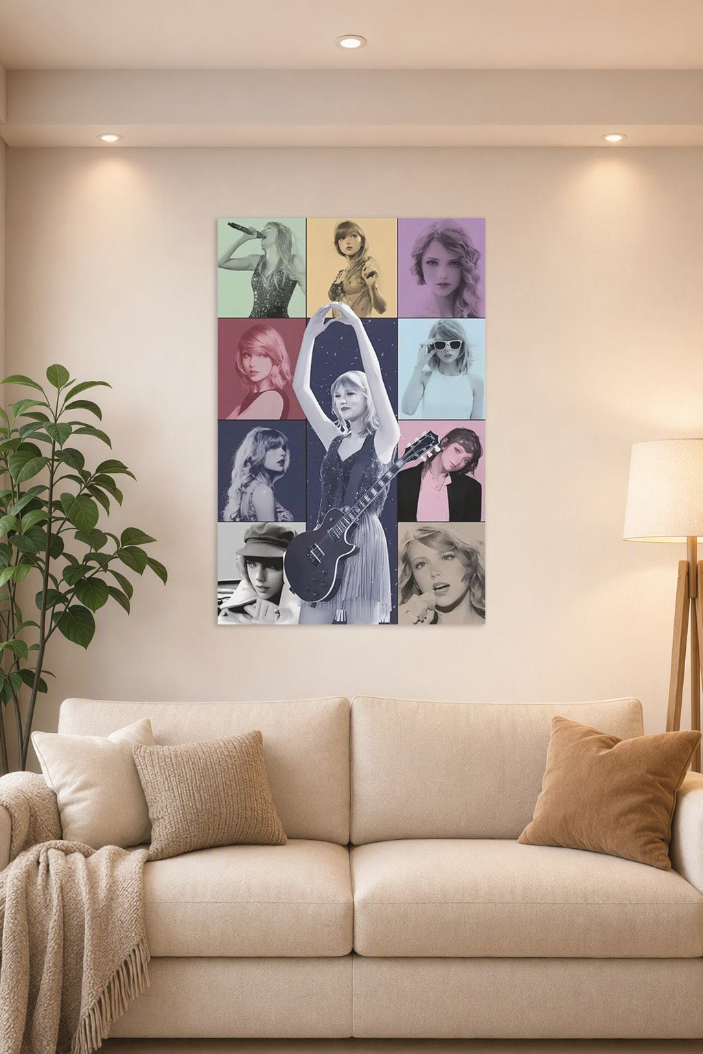 Taylor Swift Iconic Eras in a bright living room above a beige sofa.