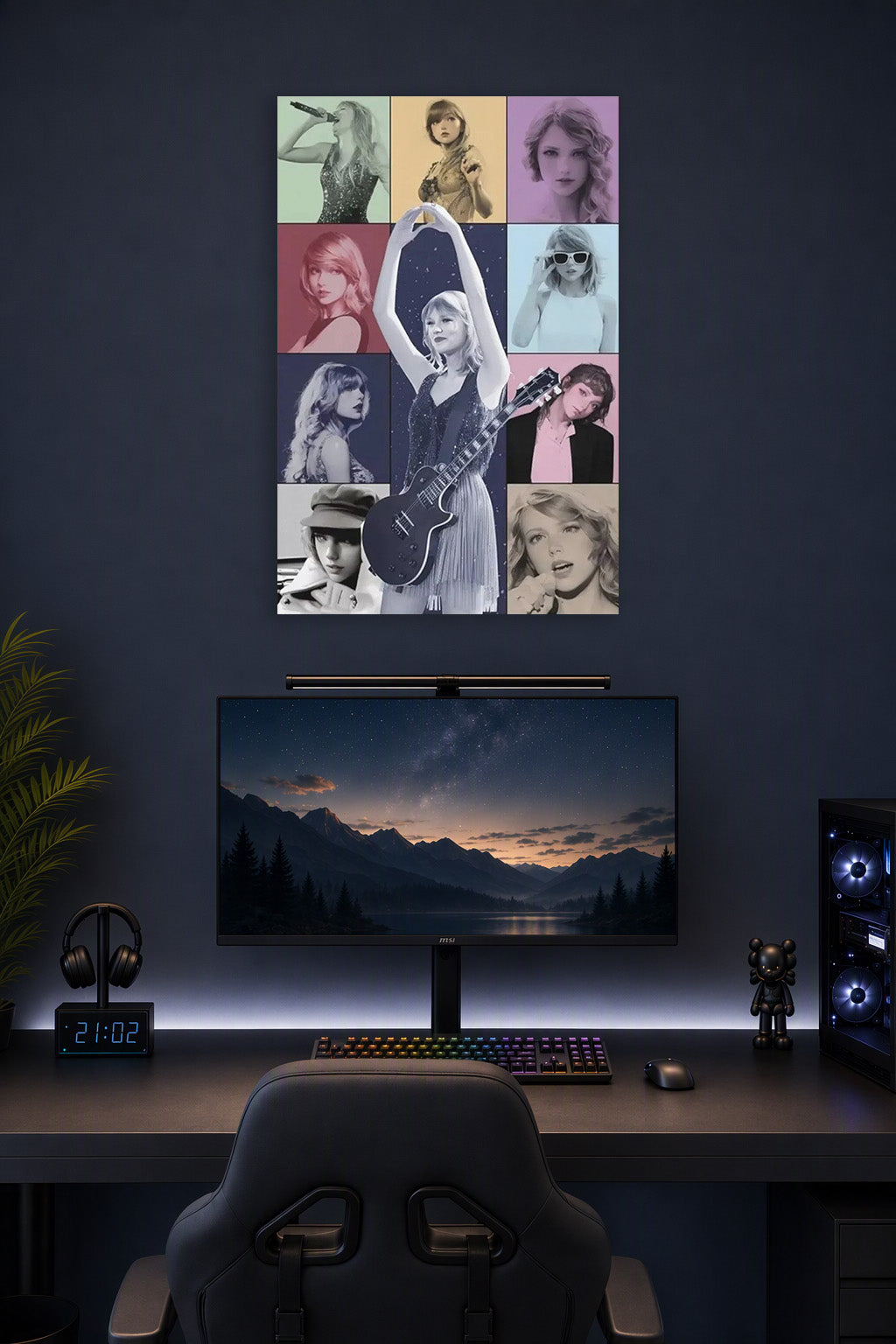 Taylor Swift Iconic Eras in a gaming desk setup above a monitor.
