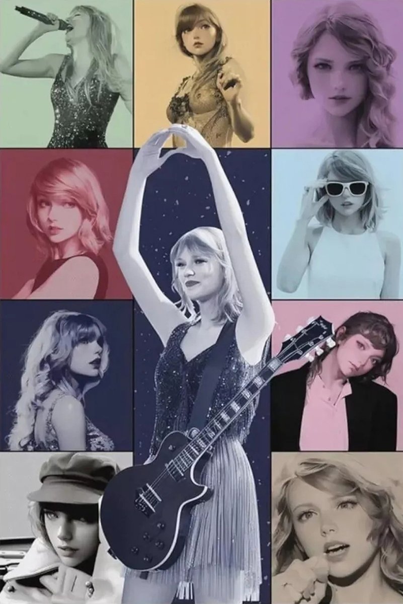 Taylor Swift poster collage with a central guitarist in a glittering dress, surrounded by nine pastel-toned portraits.