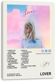 Taylor Swift Lover canvas wall art print featuring a pastel sky portrait, album track list, genre labels, and bold black title.