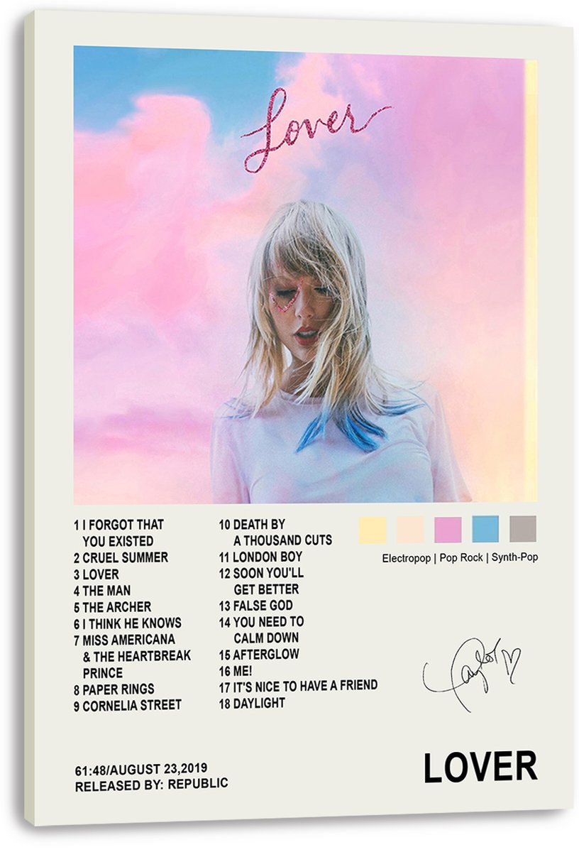 Taylor Swift Lover canvas wall art print featuring a pastel sky portrait, album track list, genre labels, and bold black title.