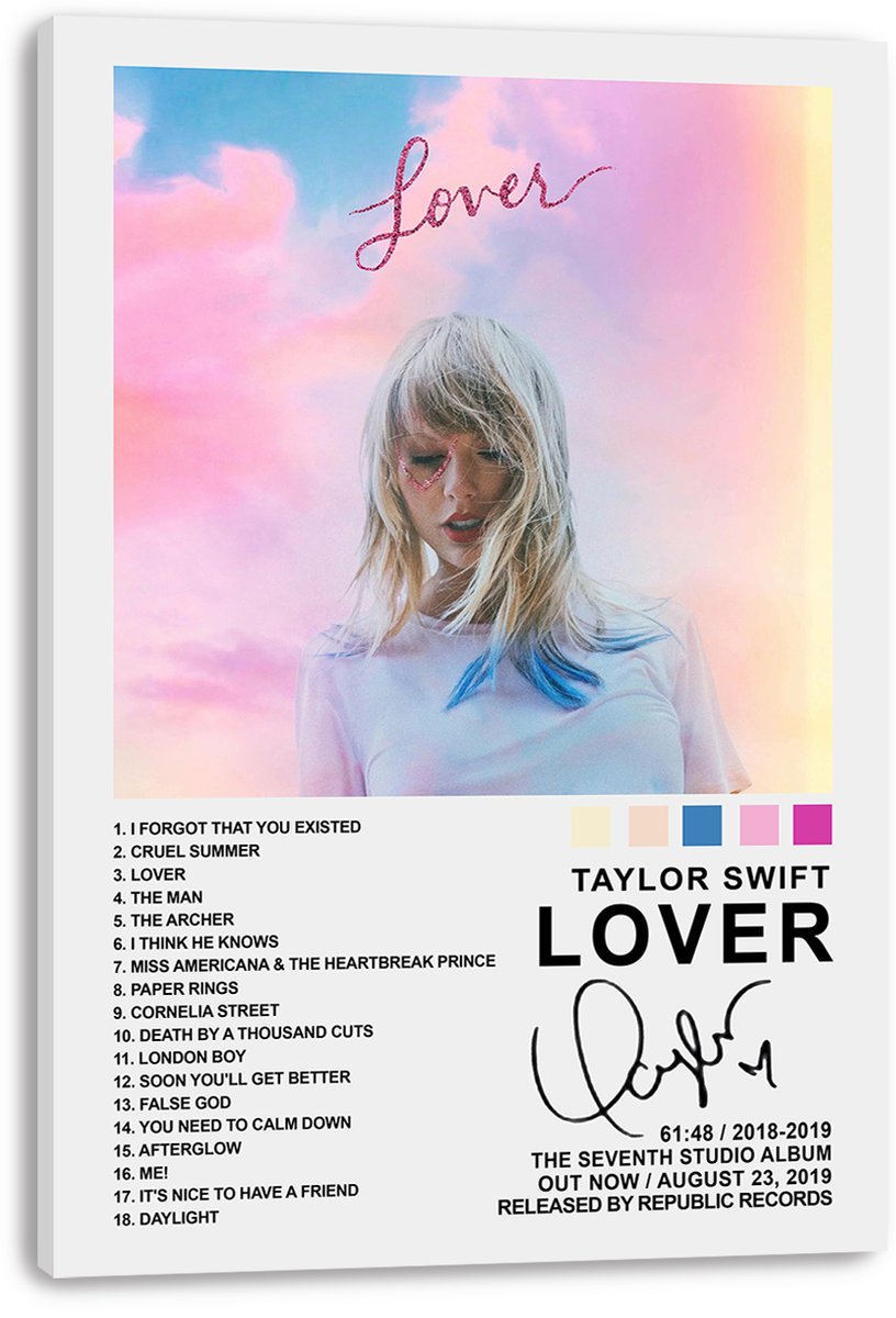 Taylor Swift Lover wall art print on a white canvas features a pastel sky portrait, track list, color swatches, and bold album text.