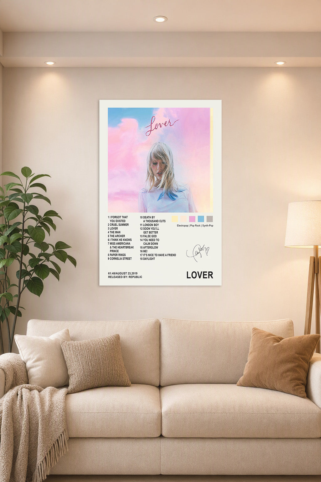 Taylor Swift Lover Album in a bright living room above a beige sofa.