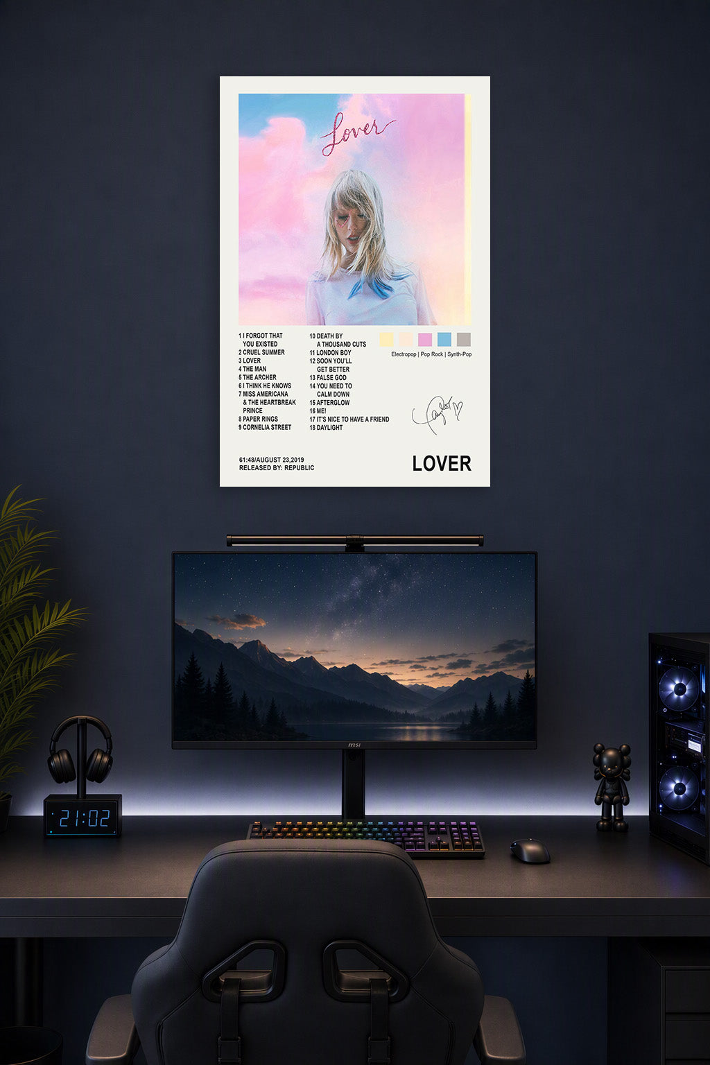 Taylor Swift Lover Album in a gaming desk setup above a monitor.