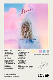Taylor Swift Lover poster with a pastel pink and blue portrait, glitter heart around one eye, track list, and color swatches.