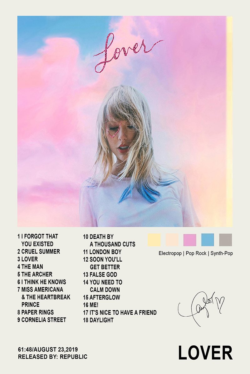 Taylor Swift Lover poster with a pastel pink and blue portrait, glitter heart around one eye, track list, and color swatches.