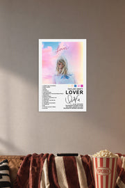 Taylor Swift Lover Album in a cozy movie room above a brown sofa with popcorn.