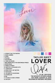 Taylor Swift Lover poster features a pastel cloud sky portrait with glitter heart makeup, album title, track list, and details.