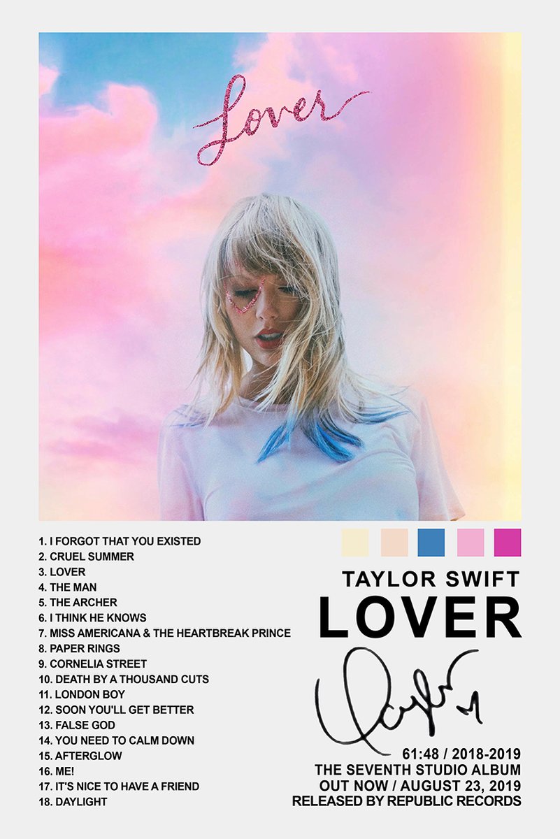 Taylor Swift Lover poster features a pastel cloud sky portrait with glitter heart makeup, album title, track list, and details.