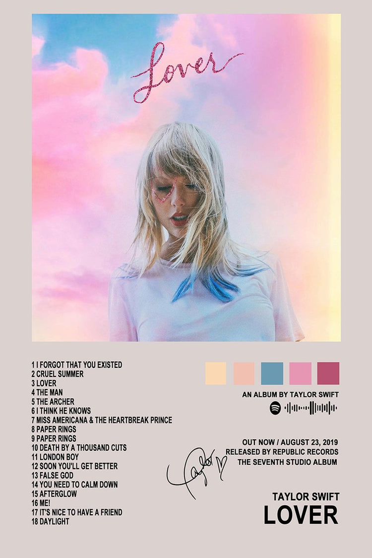 Taylor Swift Lover album wall art print with her portrait beneath a pink and blue cloud sky, track list, and release text.