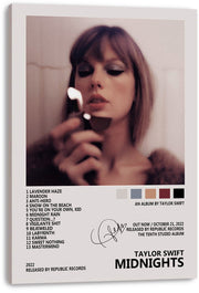 Taylor Swift Midnights canvas wall art print displays a soft-toned portrait holding a lit match, track listing, and color swatches.