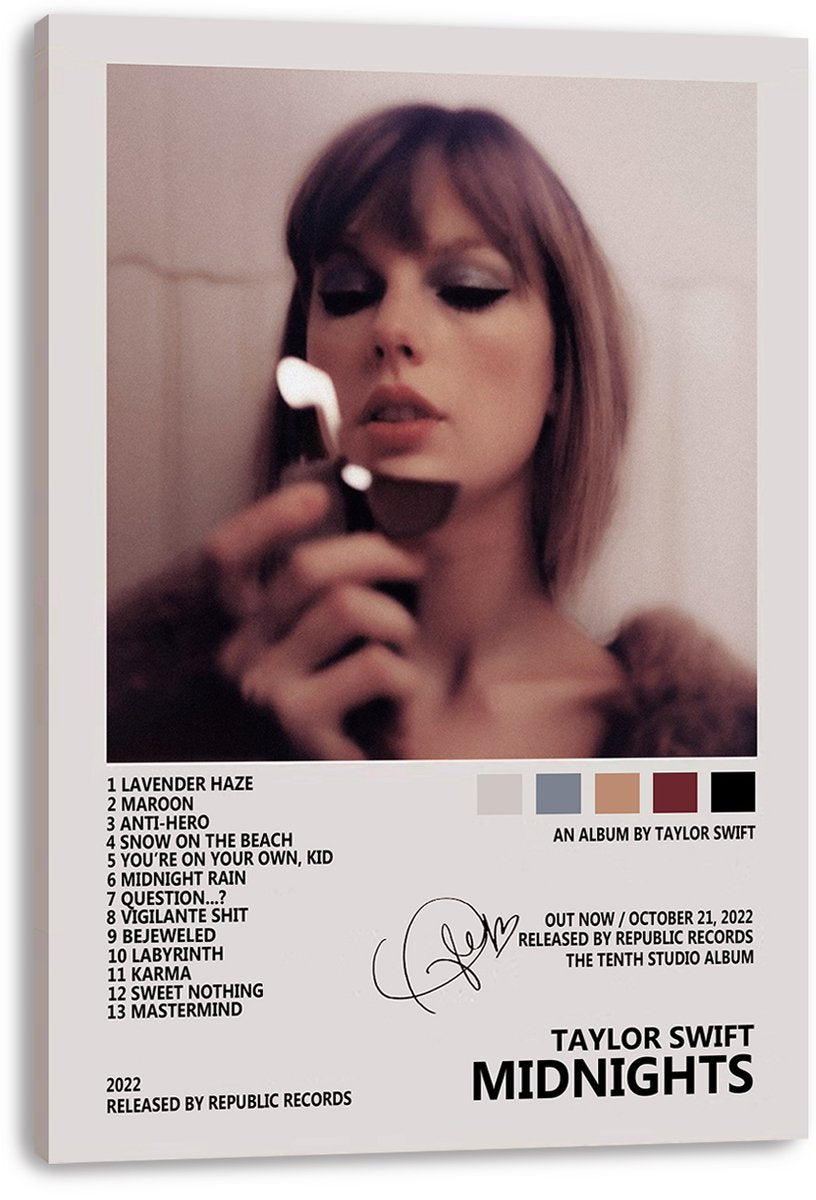 Taylor Swift Midnights canvas wall art print displays a soft-toned portrait holding a lit match, track listing, and color swatches.