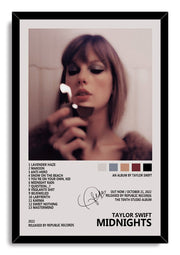 Taylor Swift Midnights framed wall art print presents a warm, blurred match-lit portrait, album track list, and bold black title text.