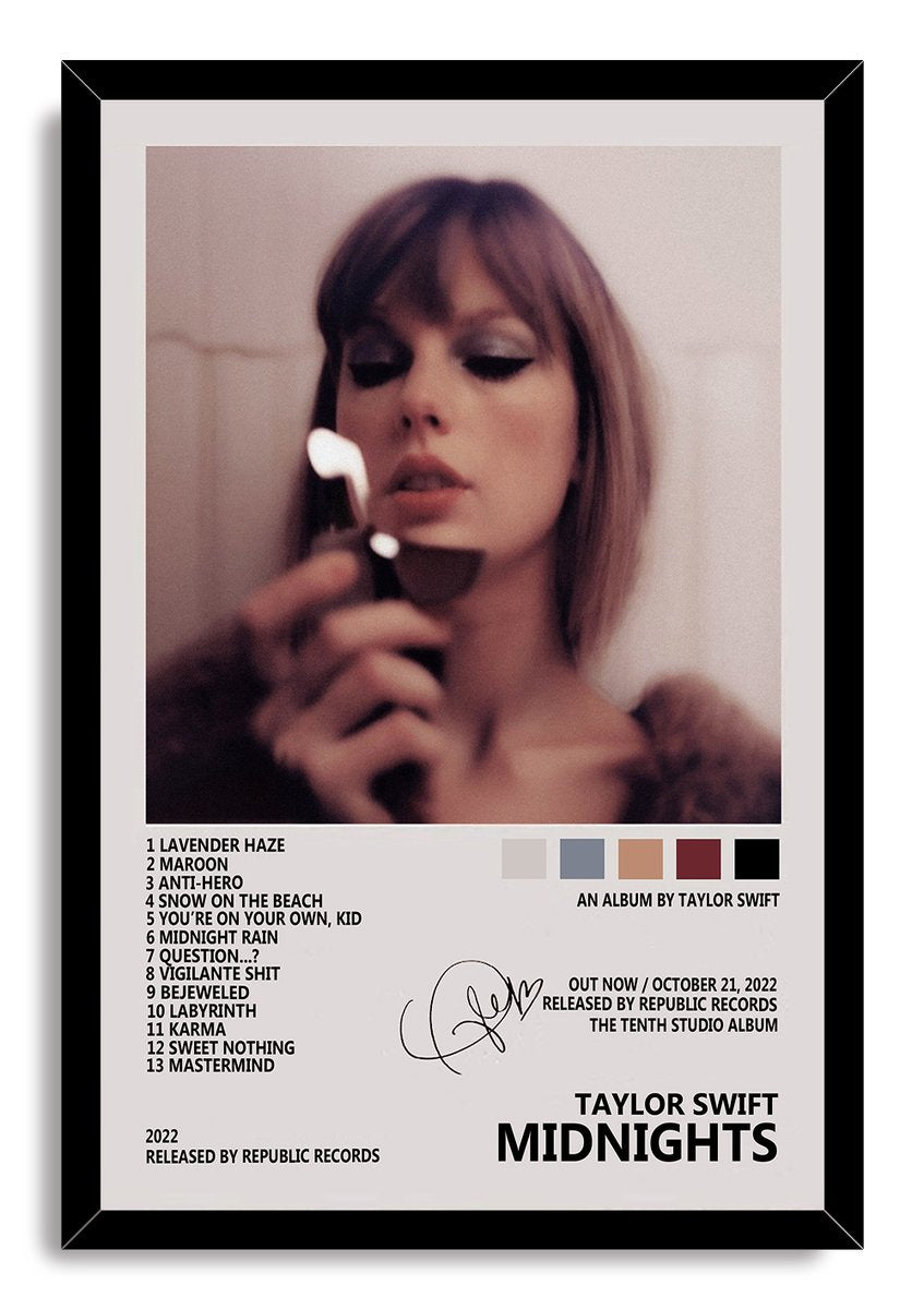 Taylor Swift Midnights framed wall art print presents a warm, blurred match-lit portrait, album track list, and bold black title text.