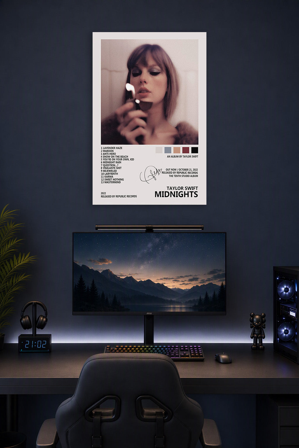 Taylor Swift "Midnights" Album Art in a gaming desk setup above a monitor.