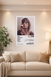 Taylor Swift "Midnights" Album Art in a bright living room above a beige sofa.