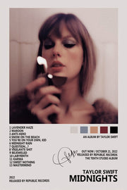 Taylor Swift Midnights wall art print features a moody close-up portrait with a lit match, track list, and album text.