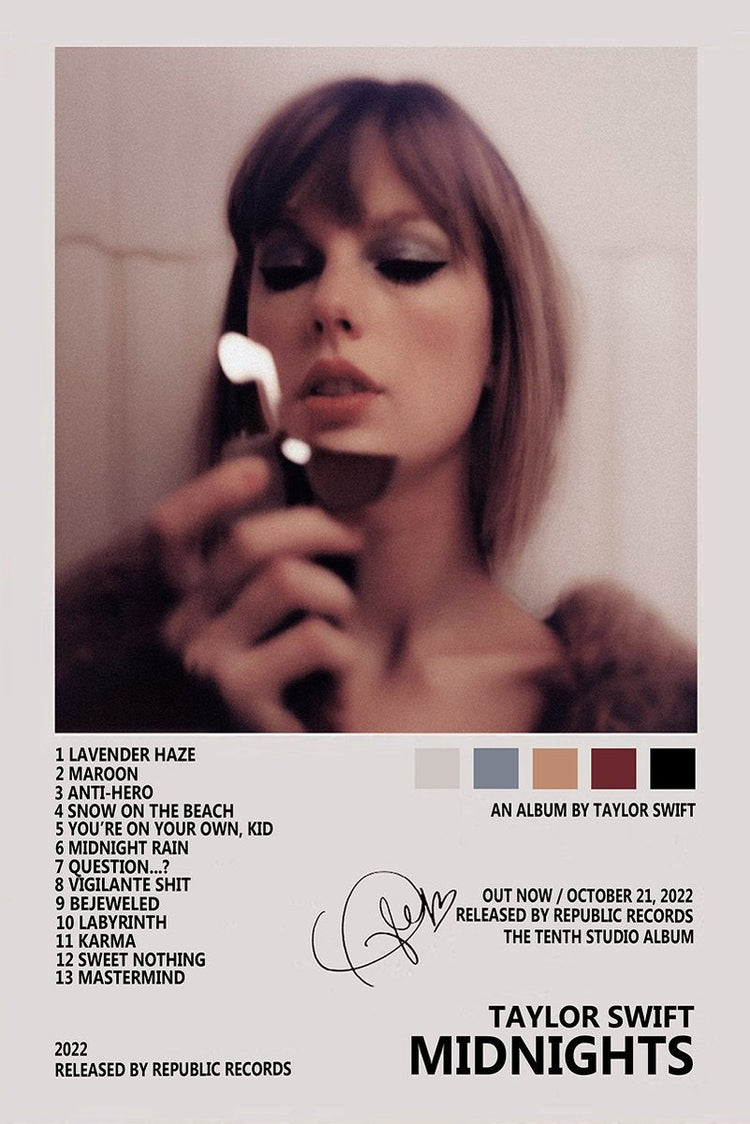 Taylor Swift Midnights wall art print features a moody close-up portrait with a lit match, track list, and album text.