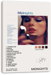 Taylor Swift Midnights canvas wall art print with a close-up portrait, lit lighter, song list, color swatches, and album text.