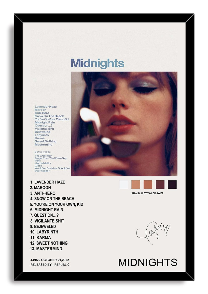 Taylor Swift Midnights framed wall art print with a black border, close-up lighter portrait, track listing, signature, and blue heading.