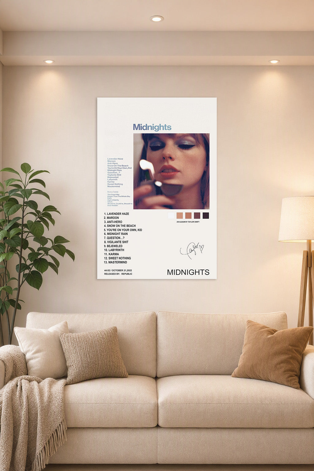 Taylor Swift Midnights Album in a bright living room above a beige sofa.
