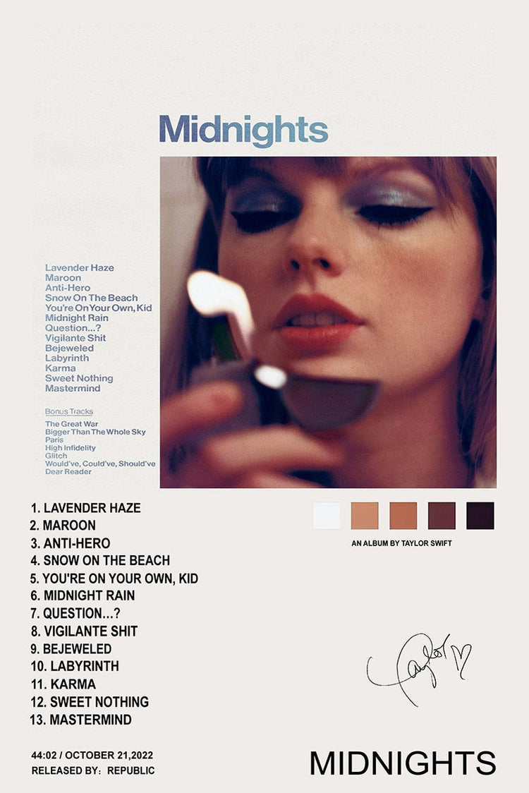 Taylor Swift Midnights poster featuring a close-up of her holding a lighter, blue title text, track list, and signature.