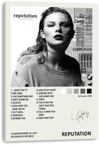 Taylor Swift Reputation canvas wall art print with a monochrome portrait, newspaper collage, album track list, and white edges.