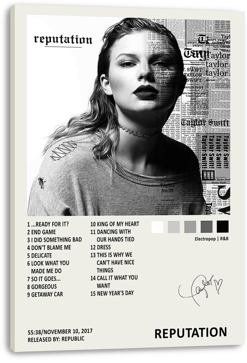 Taylor Swift Reputation canvas wall art print with a monochrome portrait, newspaper collage, album track list, and white edges.