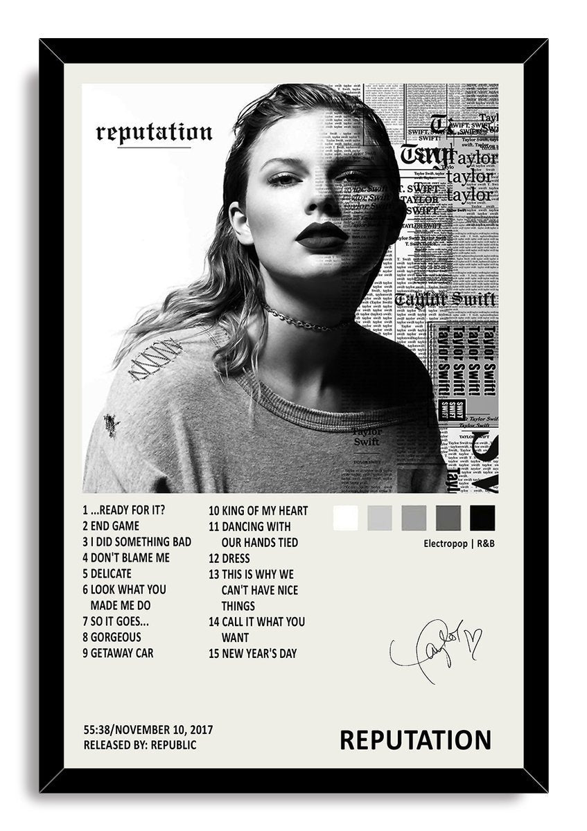 Taylor Swift Reputation framed wall art print with a black border, grayscale portrait, newspaper text, track list, and signature.