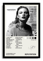 Taylor Swift Reputation framed wall art print with a black border, grayscale portrait, newspaper text, track list, and signature.