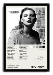 Taylor Swift Reputation framed wall art print with a black border, grayscale portrait, newspaper text, track list, and signature.