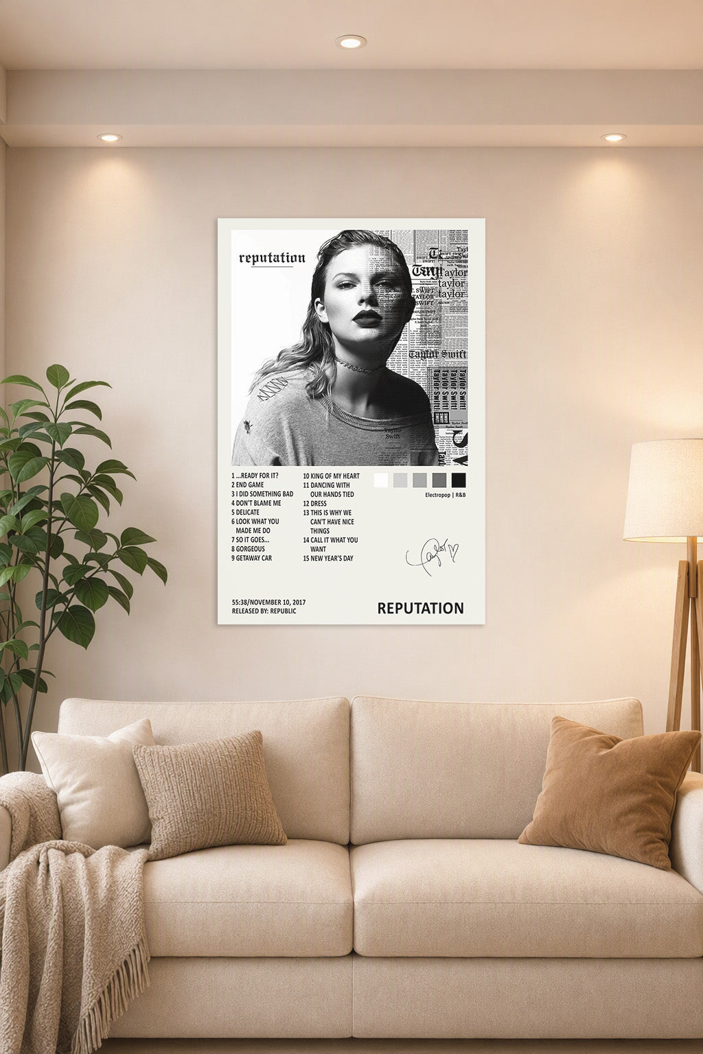 Taylor Swift Reputation Album in a bright living room above a beige sofa.