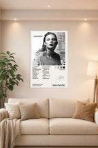 Taylor Swift Reputation Album in a bright living room above a beige sofa.