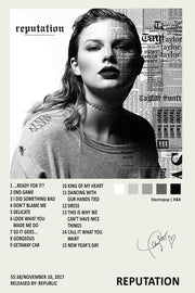 Taylor Swift Reputation poster with a black-and-white portrait, newspaper text collage, track list, and signature.
