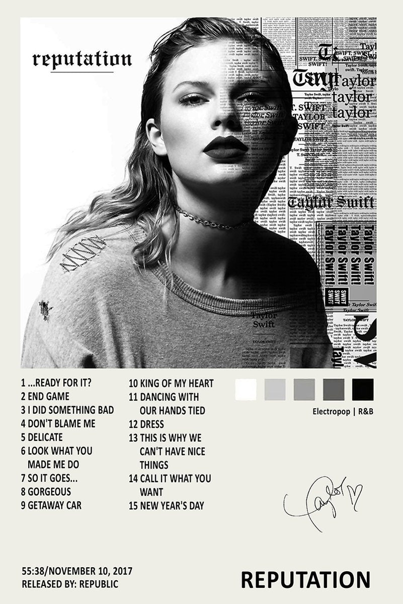 Taylor Swift Reputation poster with a black-and-white portrait, newspaper text collage, track list, and signature.