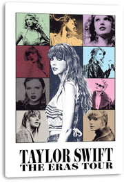 Taylor Swift canvas wall art print presents nine stylized portraits in mint, gold, purple, red, blue, pink, and beige panels.