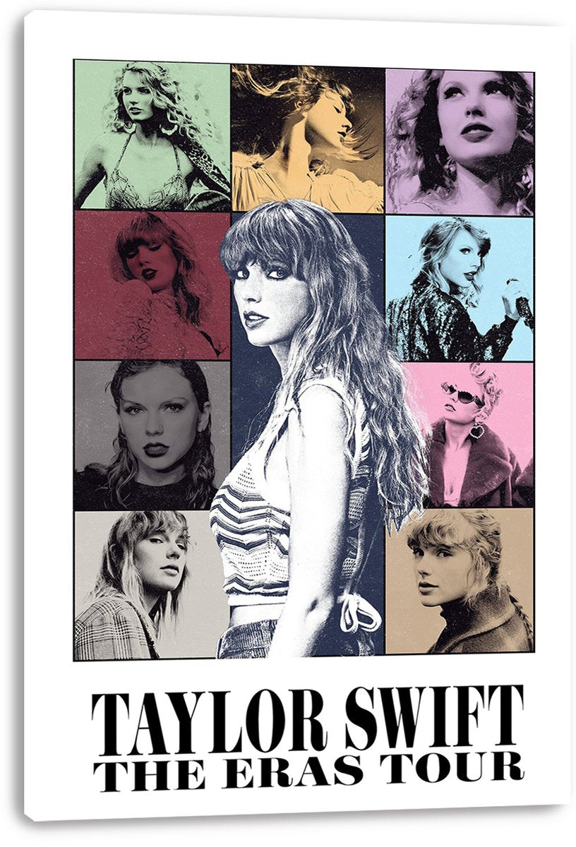 Taylor Swift canvas wall art print presents nine stylized portraits in mint, gold, purple, red, blue, pink, and beige panels.