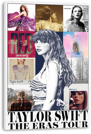 Taylor Swift canvas wall art print featuring a central black-and-white portrait, colorful album panels, and The Eras Tour text.