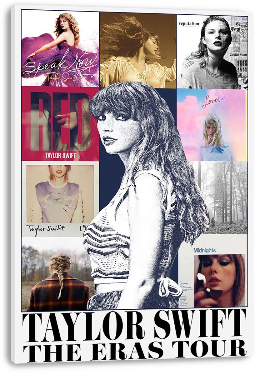 Taylor Swift canvas wall art print featuring a central black-and-white portrait, colorful album panels, and The Eras Tour text.